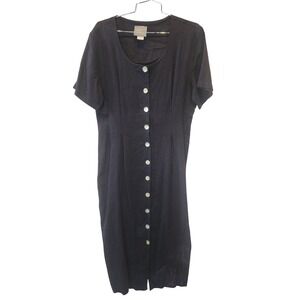 Carol Anderson Petites Black Linen Womens Button Front Midi Dress Vintage 12P